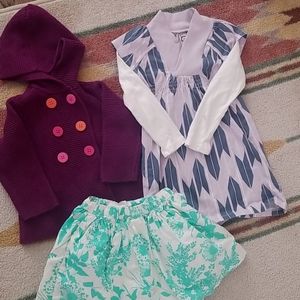Toddler bundle, sweater, skirt, and dress.